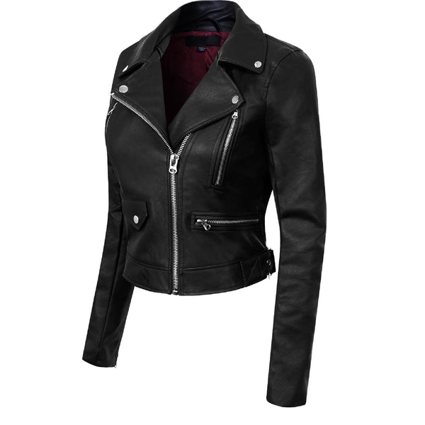 Women's Long Sleeve Zipper Leather Jacket